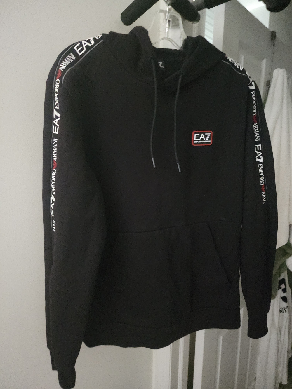 Emporio Armani Black EA7 Hoodie with Sleeve Logo Tape. S-M